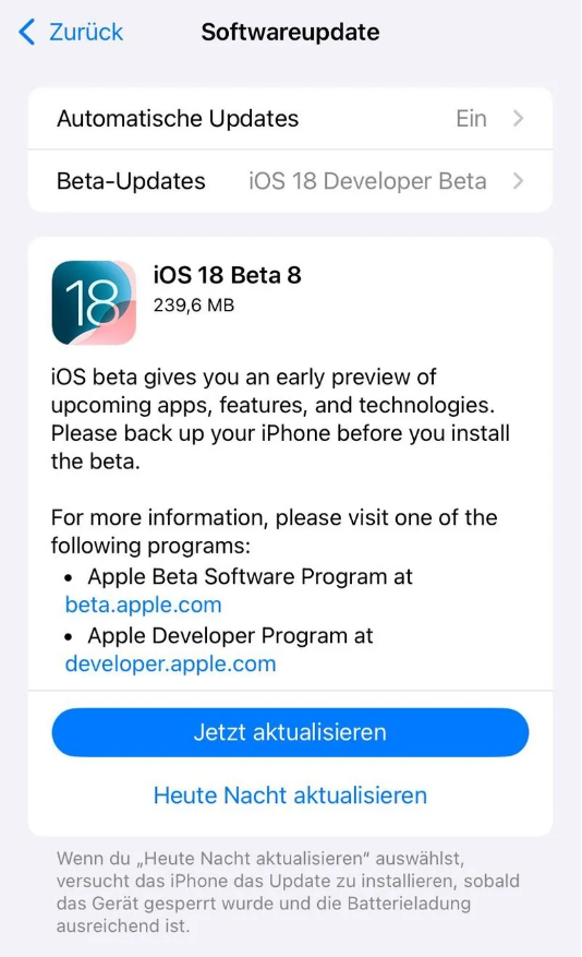 天涯苹果手机维修分享苹果 iOS / iPadOS 18 开发者预览版 Beta 8 发布 